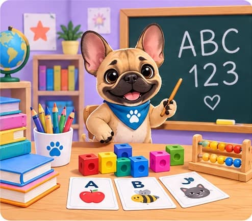 PlayPuppy teaching in a colorful classroom with counting blocks and alphabet cards