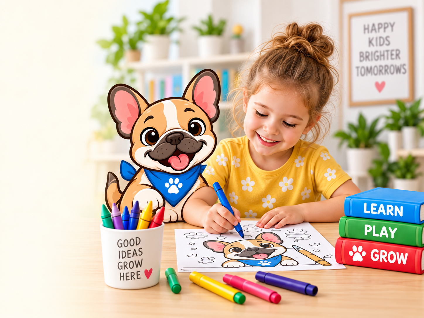 PlayPuppy Kids printable activities and French bulldog mascot